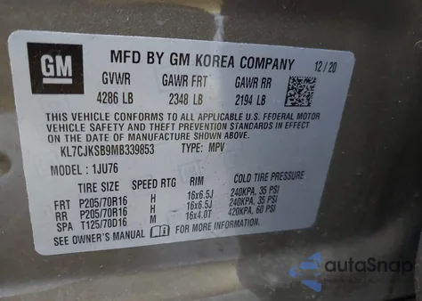 2021 Chevrolet Trax Fwd Ls from USA, damaged, VIN KL7CJKSB9MB339853